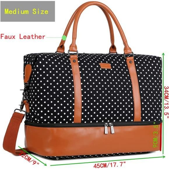 Leather Large Travel Duffel Tote Bag Carry On With Shoe Compartment (Black) - Picture 3 of 14